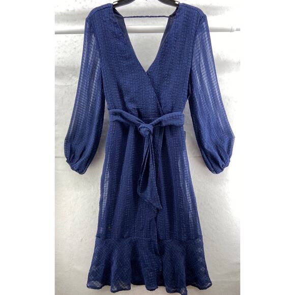 NWT NSR Dress Womens Sz M‎ Blue Ruffle Lined Wrap Neck Tie Crape Long Sleeve - Picture 1 of 12